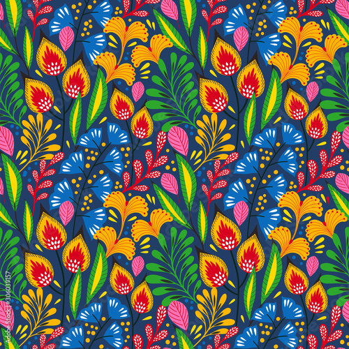 Floral seamless pattern on blue. Abstract vector background with flowers and leaves. Natural bright design.