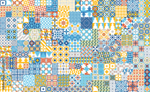 Seamless pattern with portuguese tiles. Vector illustration of Azulejo on white background. Mediterranean style. Multicolor design.