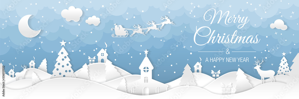 Plakat Zimowy krajobraz Boże Narodzenie z domami i drzewami. Wesołych Świąt i Szczęśliwego Nowego Roku. Sanie Świętego Mikołaja na nocnym niebie z gwiazdami. Wektor papier i rzemiosło artystyczne