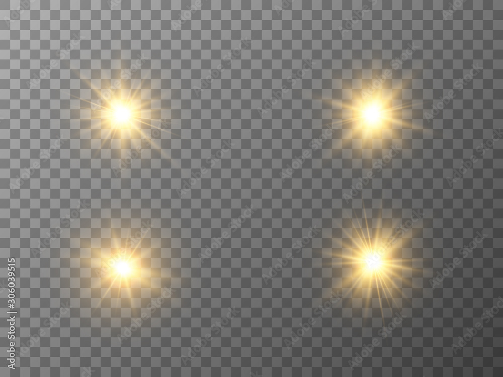 Glowing light stars set. Gold effect on transparent backdrop. Golden explosions and flares. Bright shining stars. Yellow energy flash with rays. Vector illustration