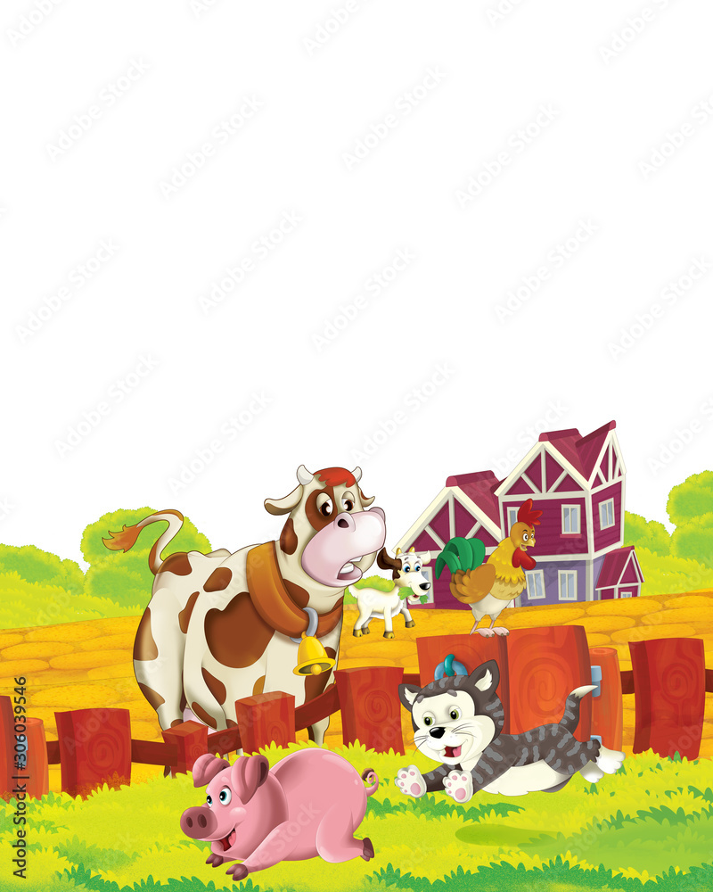 cartoon scene with cow having fun on the farm on white background - illustration for children