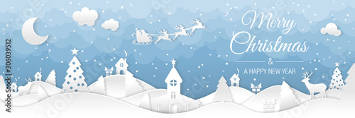 Winter christmas landscape with houses and trees. Merry christmas and happy new year. Santa claus sleigh in the night sky with stars. Vector paper and crafts art © pixelliebe