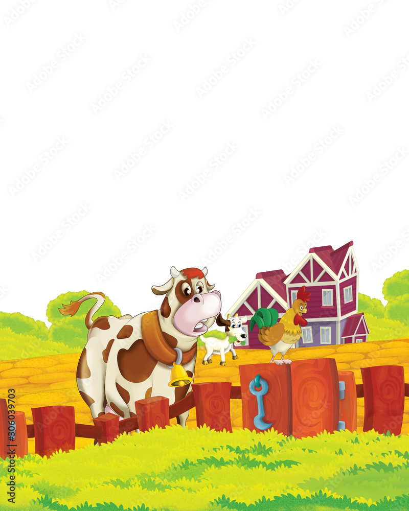 cartoon scene with cow having fun on the farm on white background - illustration for children cartoon scene with cow having fun on the farm on white background - illustration for children