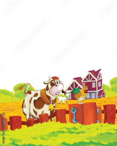 cartoon scene with cow having fun on the farm on white background - illustration for children