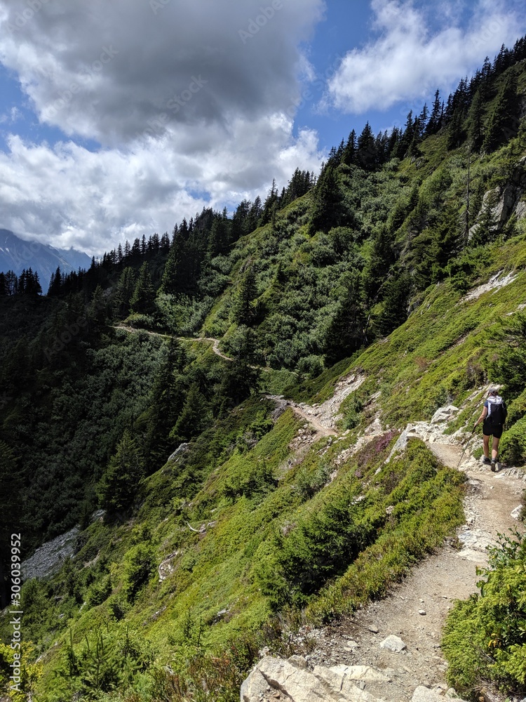 A hiker woman with backpack and trekking poles walking on a mountain path in French Alps. Summer day. Shady forest. Cloudy sky