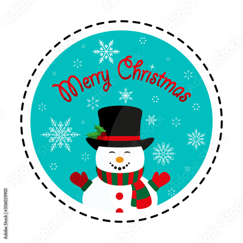 Snowman in black hat. Merry Christmas. Vector illustration. Flat design