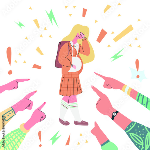 Vector illustration with sad pregnant teenager with face palm, pointed finger people. They condemn her. Concept sex education in schools, protection, assistance to children in difficult situations.