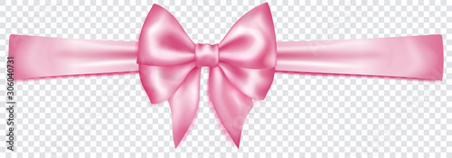 Beautiful pink bow with horizontal ribbon with shadow on transparent background. Transparency only in vector format