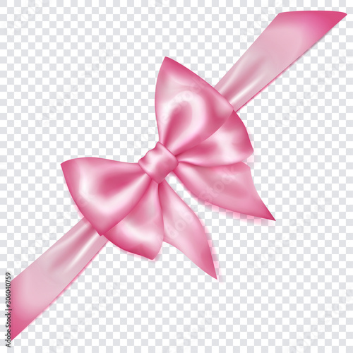 Beautiful pink bow with diagonally ribbon with shadow on transparent background. Transparency only in vector format