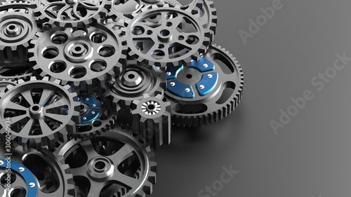 Mechanism, black metallic gears and cogs at work on black background. Industrial machinery. 3D illustration. 3D high quality rendering.
