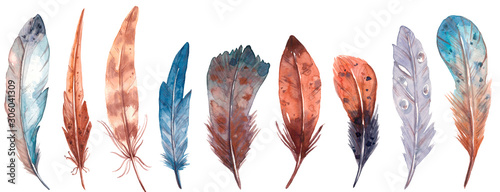 Cute watercolor textured feathers set. Hand drawn isolated on a white background.