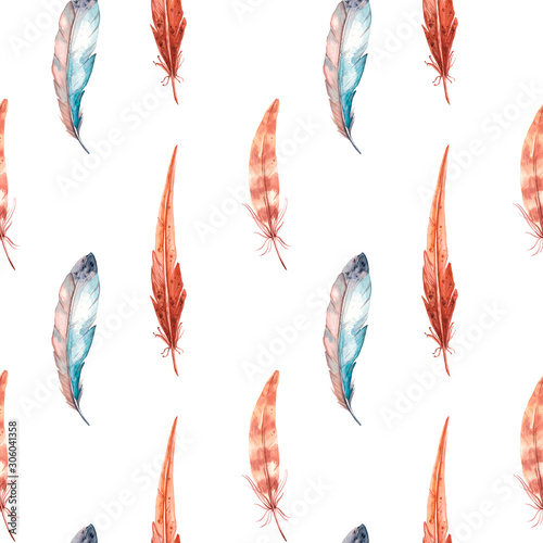 A cute watercolor textured pattern of multicolored blue-beige feathers. Hand drawn isolated on a white background.