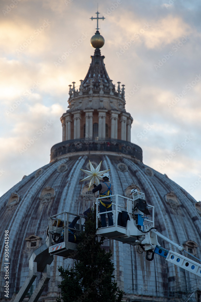 Vatican City, November 23, 2019: The Christmas tree a spruce from Trentino region stands in St Peter's Square at The Vatican.