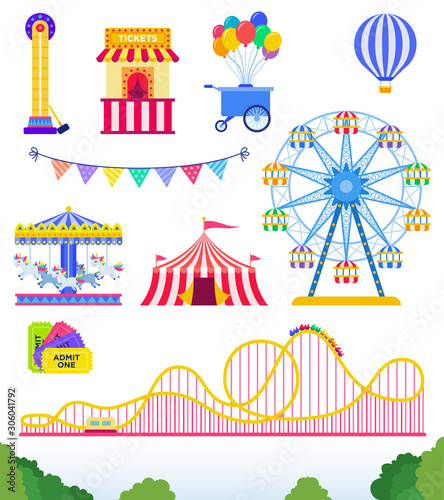 Set of Amusement park, circus. flat vector illustration.