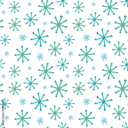 Seamless Christmas vector pattern. Blue snowflakes isolated on white background. Festive illustration. Cute doodle art. Perfect for wallpaper or fabric.