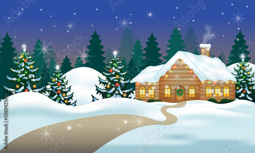 Christmas landscape of cabin in snowy forest