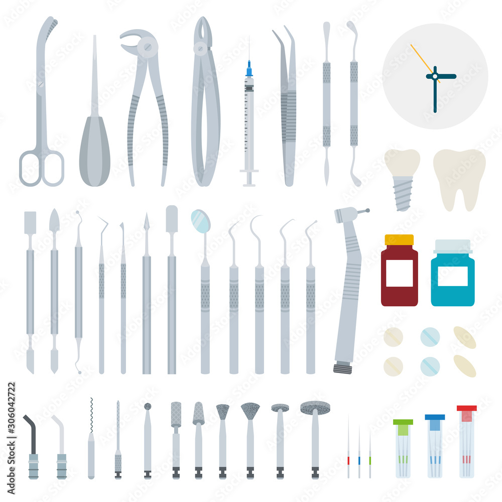 Set of Stomatology and Dental tools flat vector illustration. Set of Stomatology and Dental tools flat vector illustration.