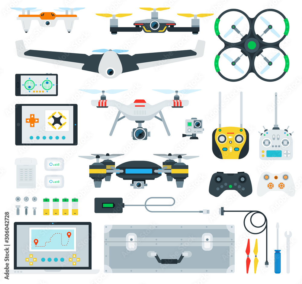 Set of Copter and Drone flat vector illustration. Set of Copter and Drone flat vector illustration.