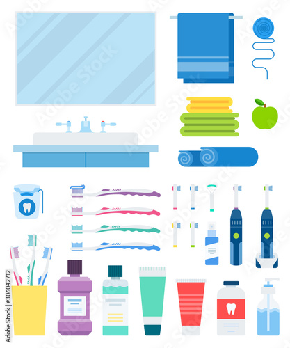 Set of Dental Prevention, Bath flat vector illustration.