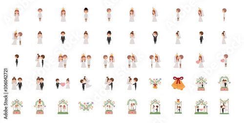Set of brides and grooms cartoons design