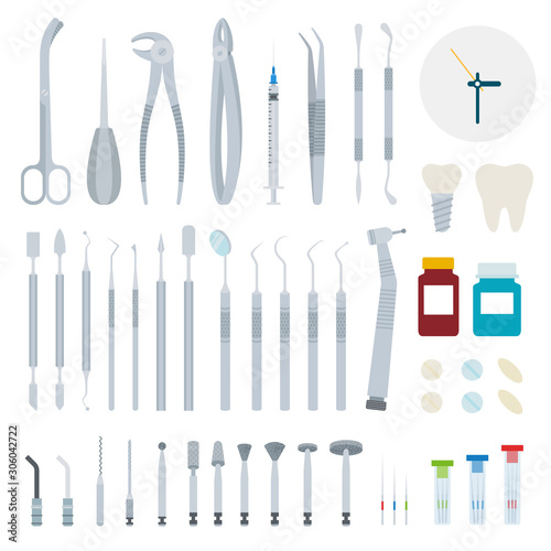 Set of Stomatology and Dental tools flat vector illustration.