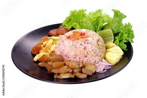 Fried rice with shrimp paste (Khao khluk Kapi) isolated on white background, a flavorful dish in Thai cuisine that consists of primary ingredients of fried rice mixed with shrimp paste (Kapi). photo