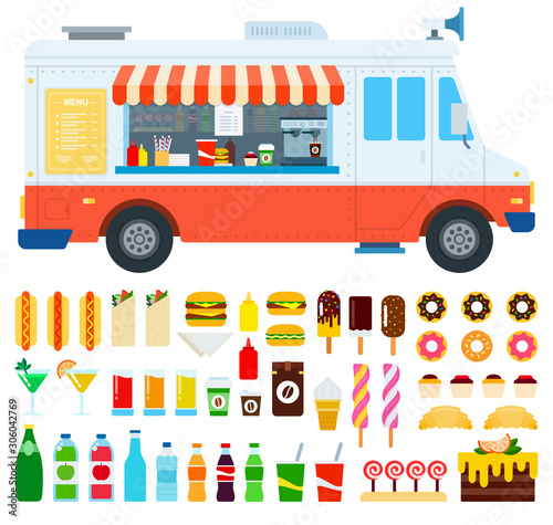 Set of Food truck and Coffee icons flat vector