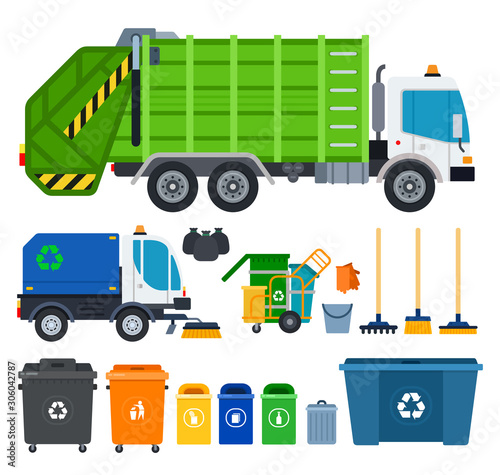 Set of Garbage truck icons flat vector