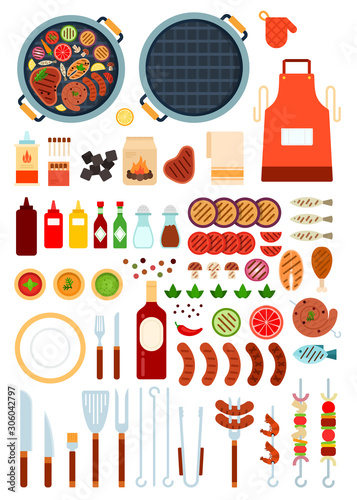 Set of Grill and Beef icons flat vector