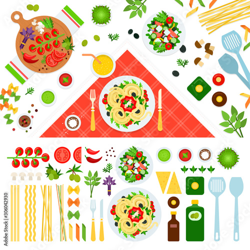 Set of Pasta on Floor icons flat vector