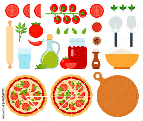 Set of Margarita Pizza icons flat vector illustration