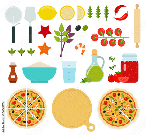 Set of Seafood Pizza icons flat vector