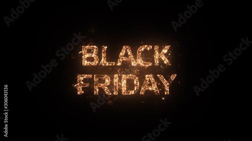 Black Friday greeting text with particles and sparks isolated on black background, beautiful typography magic design.