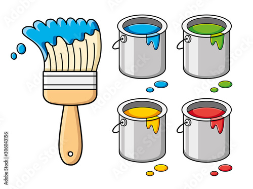 Blue paint brush and bucket can in different colors isolated