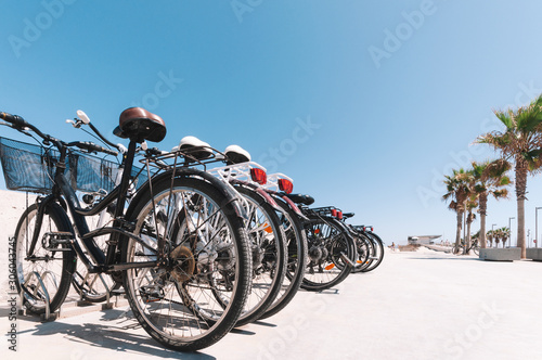 row of parked bicycles with palm of background