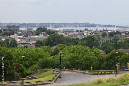 Liverpool cityscape. Everton park lies between the lively city center with its busy nightlife and LFC Anfield stadium. Liverpool, England