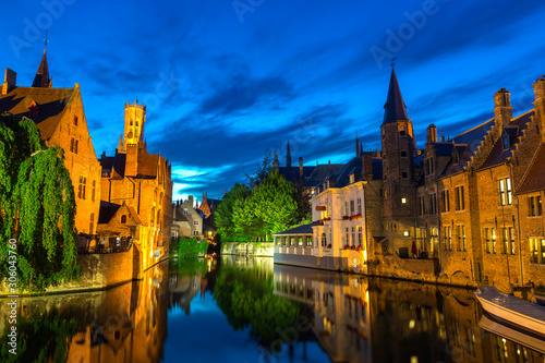 Belgium, Brugge, night view, glassy water surface