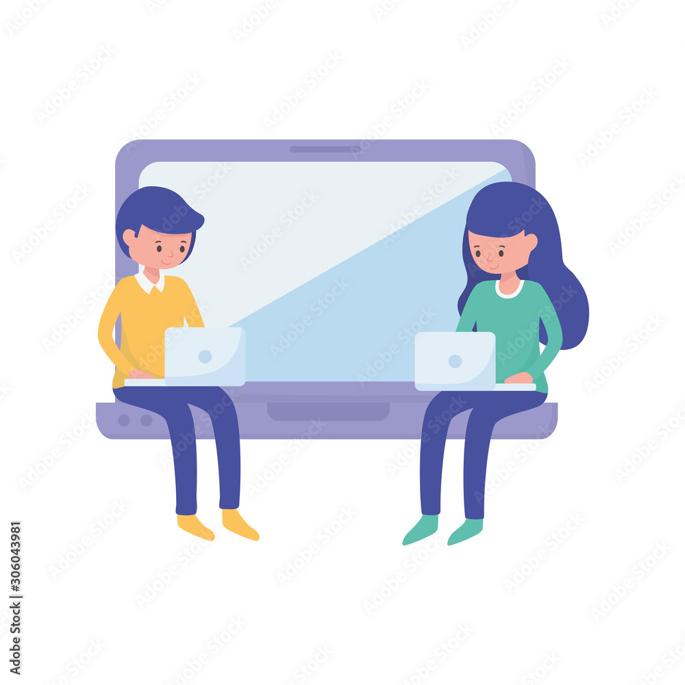 young woman and boy student with laptop learning online young woman and boy student with laptop learning online