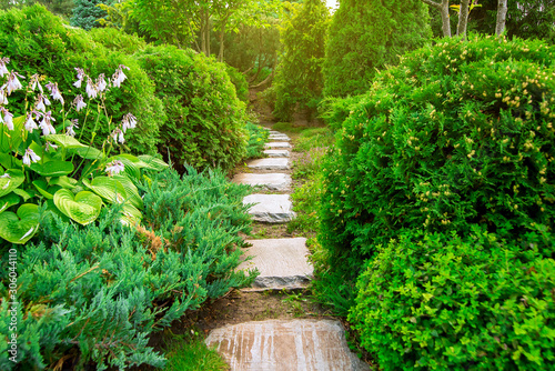 stone footpath in a garden with green plants, landscaping with bushes and a stone path. © Александр Беспалый