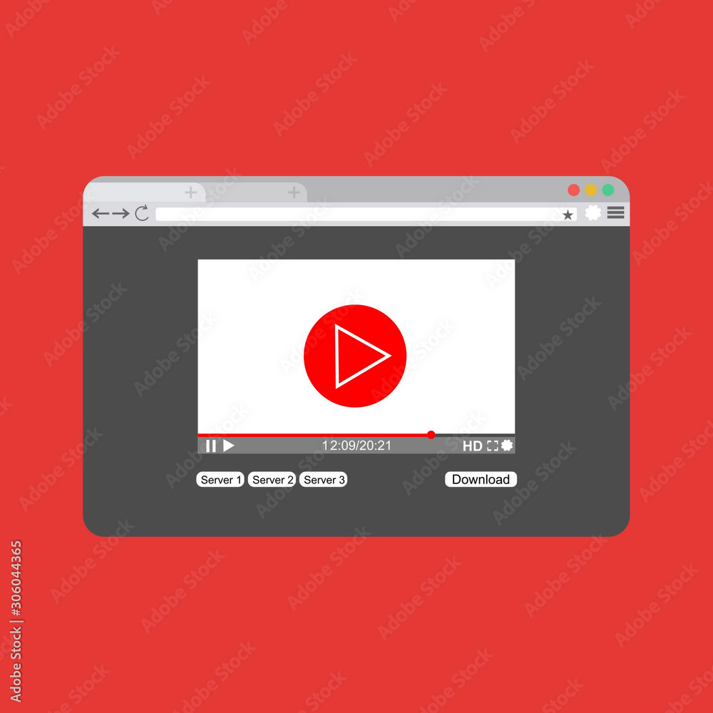 Video player on browser page template in flat style vector illustration. play sign icon Video player on browser page template in flat style vector illustration. play sign icon