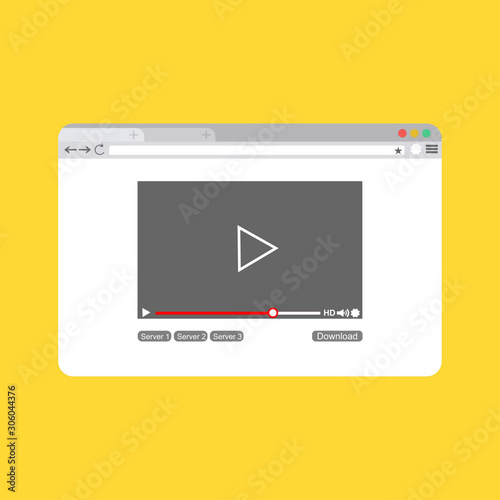 Video player on browser page template in flat style vector illustration. play sign icon
