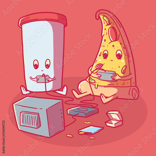 Fast food characters gaming vector illustration. Gaming, fast food, technology design concept