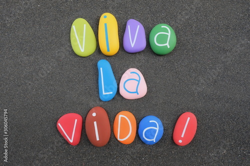 Viva la Vida, spanish Live Life composed with multi colored and carved stone letters over black volcanic sand