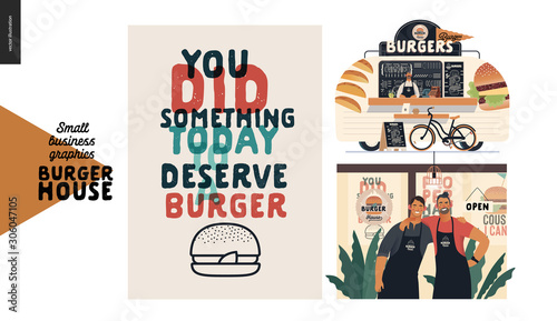 Burger house -small business graphics - set -modern flat vector concept illustrations -two young men wearing branded aprons standing embraced, caption poster, food truck