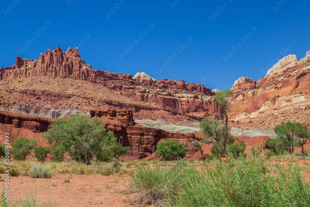 Red Rock Formations Stand Out Against Blue Skies in Capitol Reef National Park