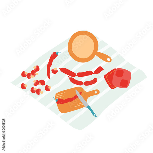 Set of kitchen utensils and products for cooking, pizza