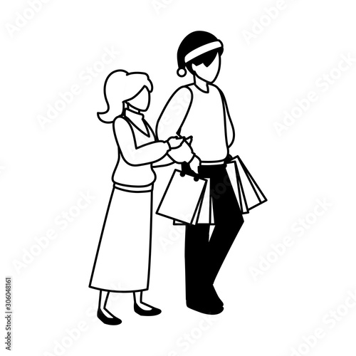 couple of people with shopping bag on white background