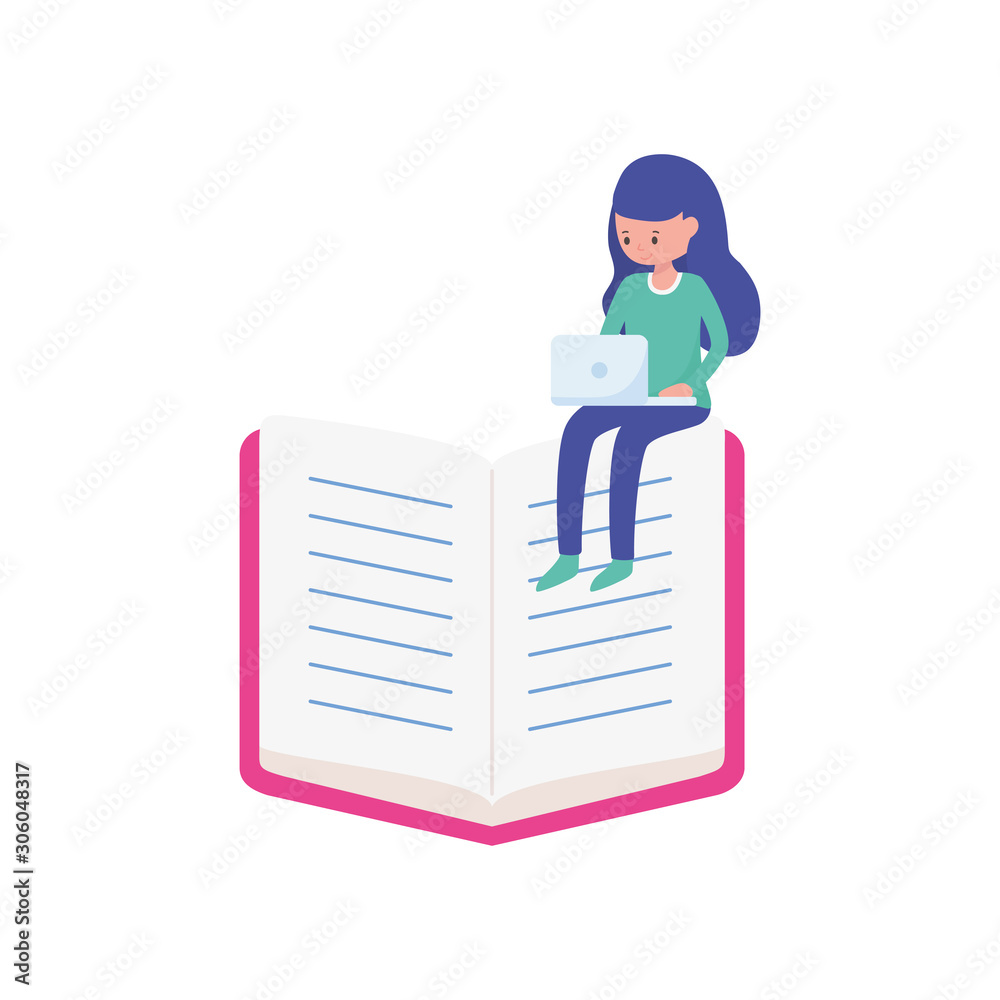 young woman with laptop in book learning online young woman with laptop in book learning online