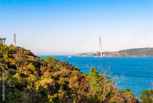 Istanbul, Turkey, 9 May 2015: Yavuz Sultan Selim Bridge, Rumeli Kavagi, Ship at Bosphorus.