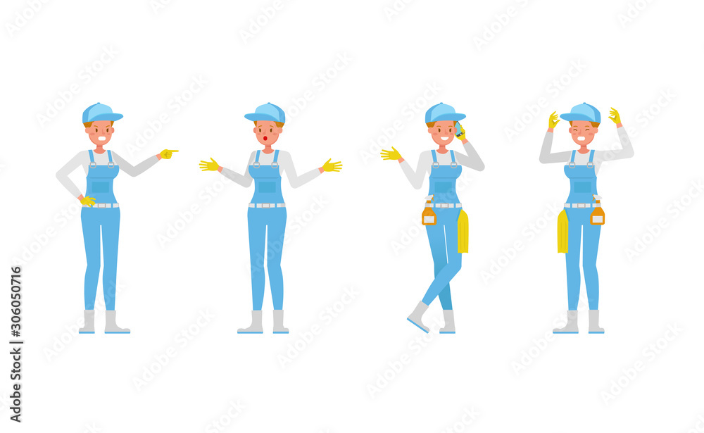 Professional janitor woman vector character design. Presentation in various action.